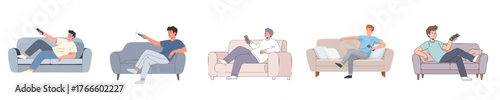 Cartoon Man Relaxing on Sofa Holding Remote Control - Flat Design Vector Illustration