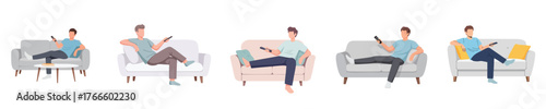 Young Man Relaxing on Sofa with Remote Control Flat Vector Illustration