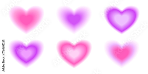 Set of abstract, blurred gradient hearts with a soft, glowing aura. Collection features vibrant pink and purple colors, perfect for Valentine's Day, love themes, or contemporary