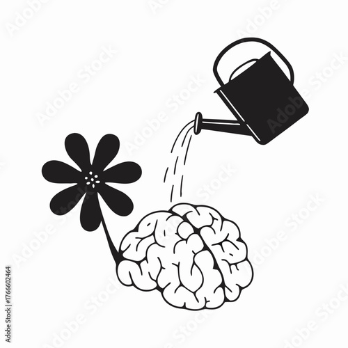 Watering can pouring water on brain with flower growing  