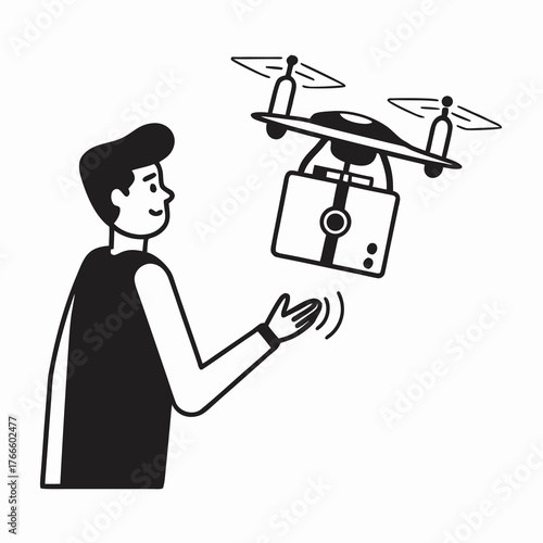 Man interacting with a drone and controlling its movement  