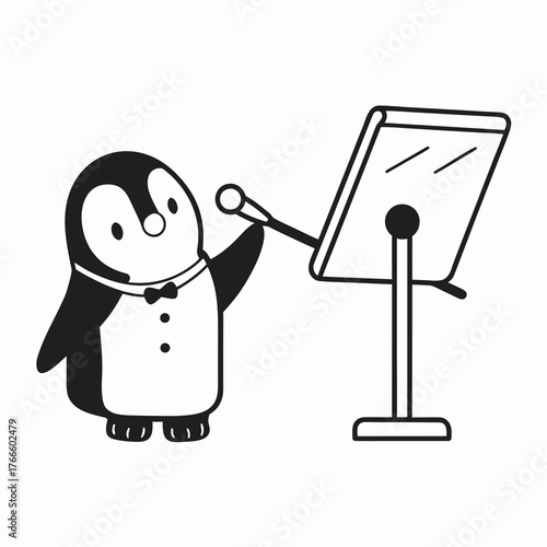 Cartoon penguin conducting music on stage with a baton  