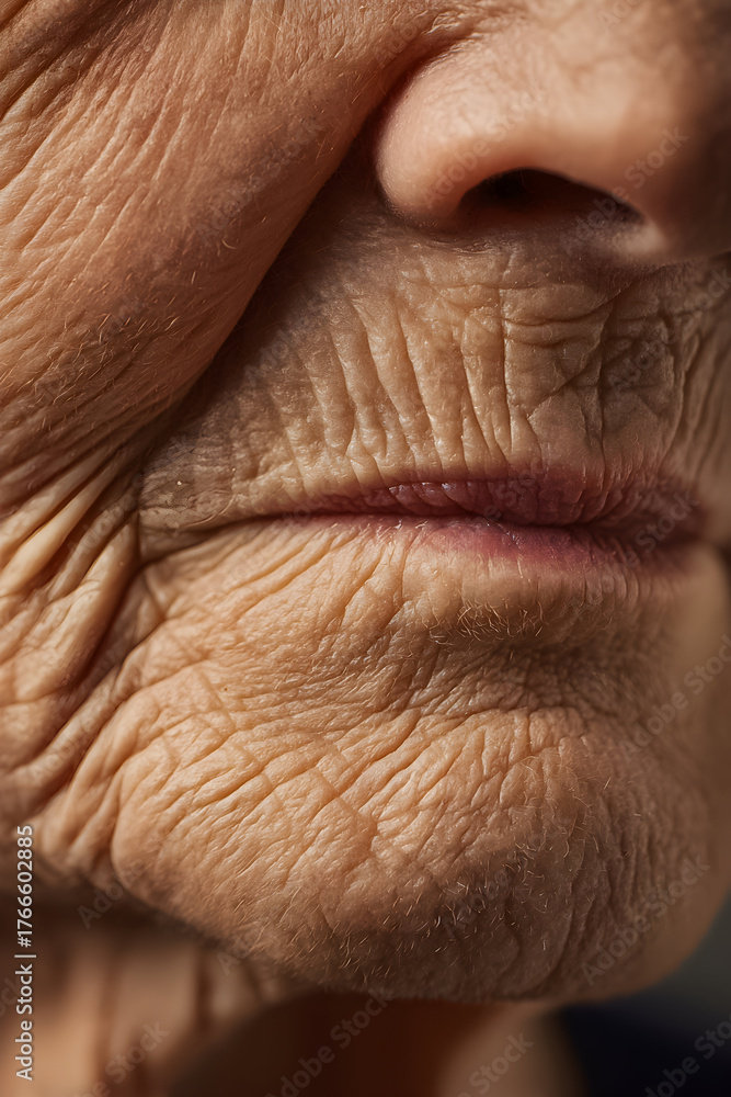 Obraz premium Close-up view of an elderly person's face showing rich details of skin texture and age lines