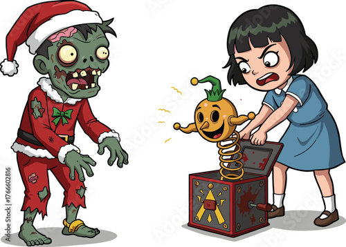 Funny cartoon zombie in Santa costume surprised by girl playing with scary jack-in-the-box toy, humorous Christmas vector illustration.