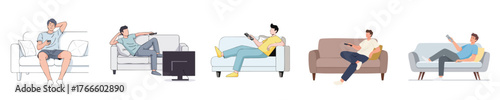 Man Relaxing on Couch Watching TV with Remote Control Flat Vector Illustration
