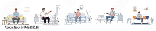 Man Sitting on Sofa Holding Remote Control Watching TV in Modern Living Room Vector Illustration