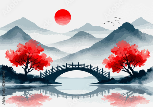Serene Landscape Watercolor, Modern Style Bridge Under Red Sun and Misty Mountains