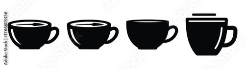 coffee cup minimal icon set, black color and white background