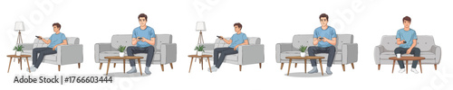 Man Sitting on Sofa Using Remote Control Watching TV in Cozy Minimalist Living Room Vector Illustration