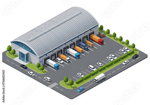 Isometric view of a modern logistics warehouse with trucks and cars isolated on transparent background