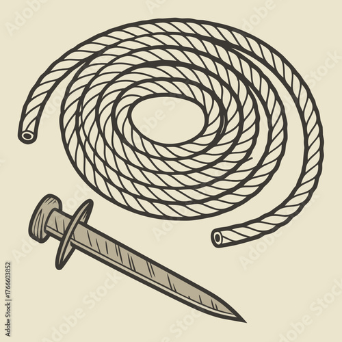 A coiled rope and a single nail on a neutral background vintage illustration style
