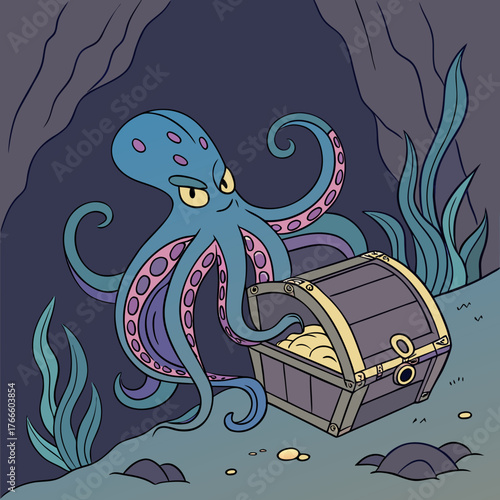 A curious octopus guards a treasure chest filled with gold coins on the ocean floor