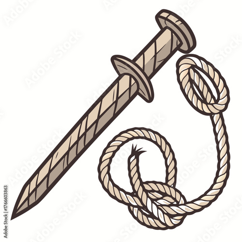 A sharp metal nail and a coiled rope with a knot on a white background