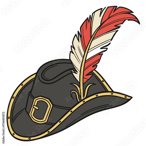 A detailed illustration of a black tricorn hat adorned with a red and cream feather and gold trim