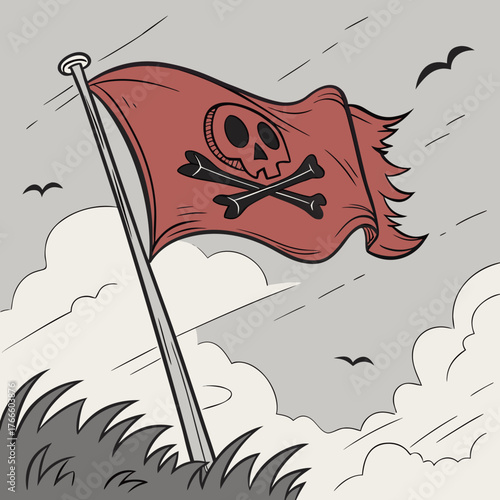 A tattered red pirate flag with a skull and crossbones symbol flies on a pole against a cloudy sky with birds