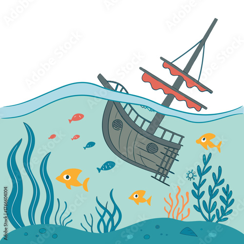 Cartoon shipwreck with colorful fish swimming around underwater plants and coral