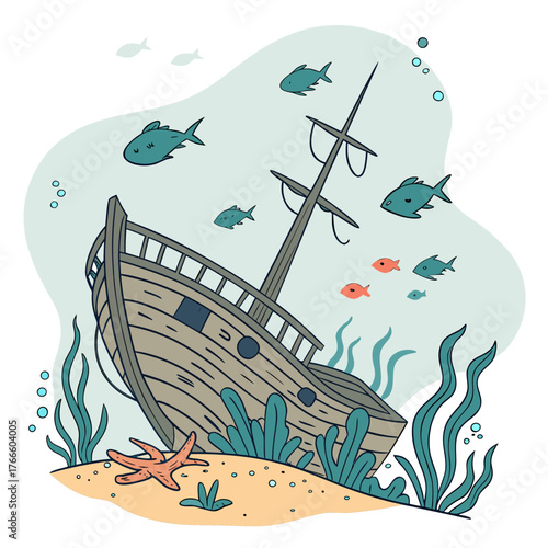 Cartoon shipwreck with fish and starfish on the sandy ocean floor
