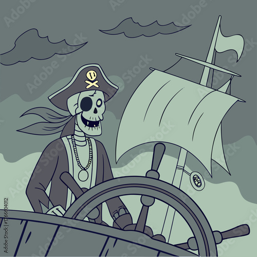 Cartoon skeleton pirate at the helm of a ship on a cloudy day