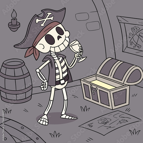 Cartoon skeleton pirate holding a glass of wine next to an open treasure chest