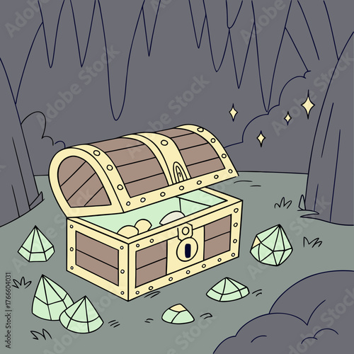 Cartoon treasure chest overflowing with gems in a dark cave with sparkling diamonds