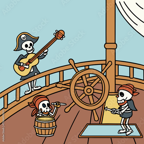 Cartoon skeletons having fun playing music and steering a pirate ship