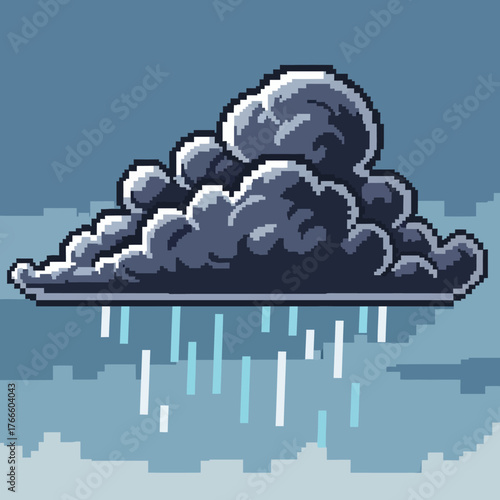 Dramatic pixel art storm cloud unleashing a downpour against a moody, overcast sky, perfect for weather forecasts or retro game assets.