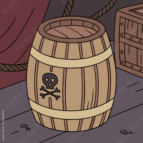 Cartoon wooden barrel with skull and crossbones symbol on a pirate ship deck
