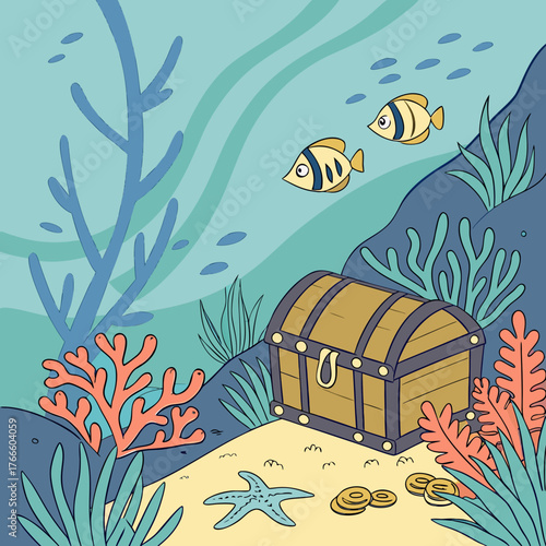 Cartoon treasure chest with gold coins and starfish on sandy seabed surrounded by coral and fish