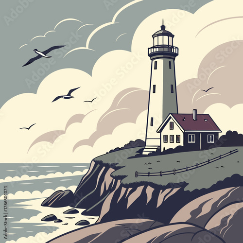 Coastal lighthouse and keeper s house on a cliff overlooking the sea with flying seagulls and dramatic clouds