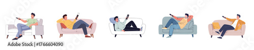 Modern Man Relaxing on Sofa Holding Remote Control - Semi Flat Vector Illustration