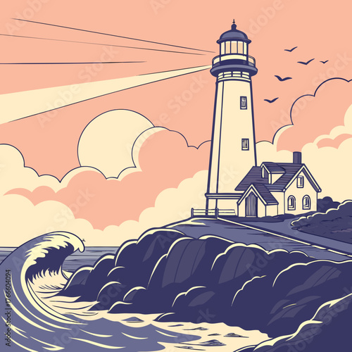 Coastal lighthouse with a keeper s house stands tall guiding ships with a bright beam over crashing waves
