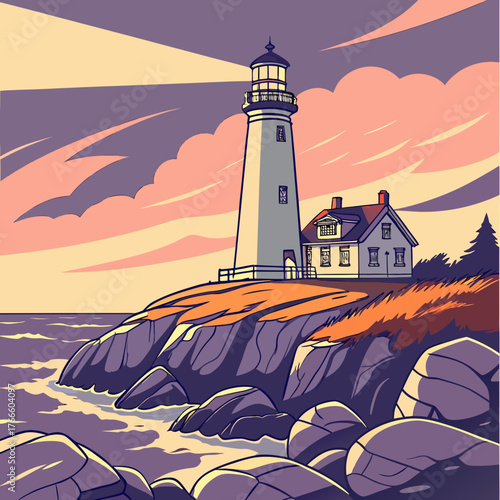 Coastal lighthouse with keeper s house on rocky cliff at sunset with dramatic sky