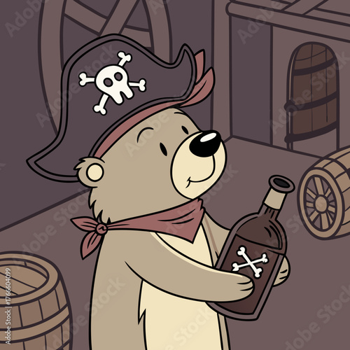 Cute cartoon bear dressed as a pirate holding a bottle with a skull and crossbones symbol