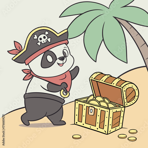 Cute cartoon panda dressed as a pirate finds a treasure chest full of gold coins on a tropical island