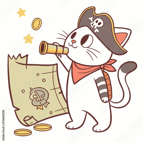 Cute cartoon pirate cat looking through a spyglass at a treasure map with coins