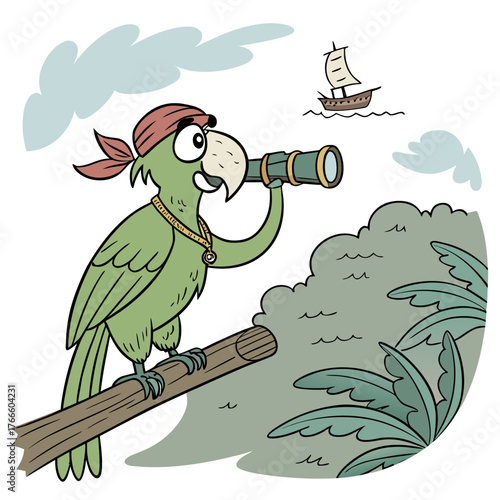 Cute cartoon pirate parrot with bandana and spyglass looking at a ship