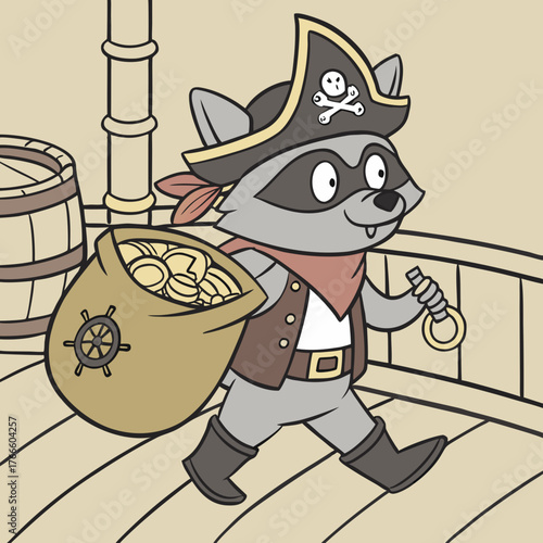 Cute cartoon raccoon pirate carrying a bag of gold coins on a ship deck