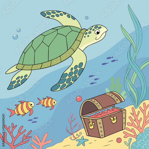 Cute cartoon sea turtle swims above an open treasure chest with fish and coral underwater