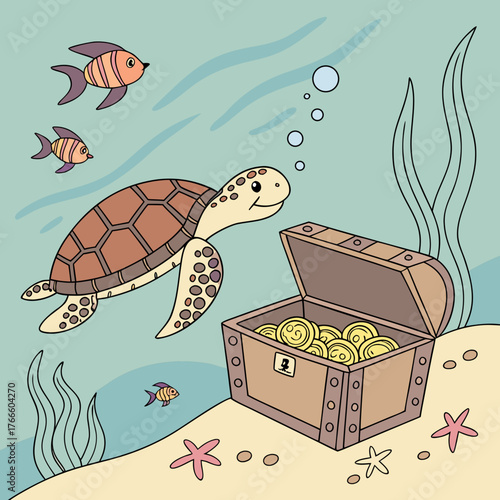 Cute cartoon sea turtle discovers a treasure chest full of gold coins underwater