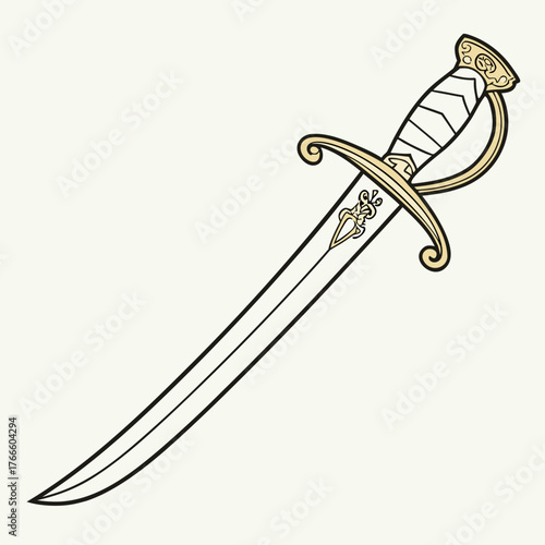 Elegant curved sword with ornate gold hilt and decorative emblem on blade