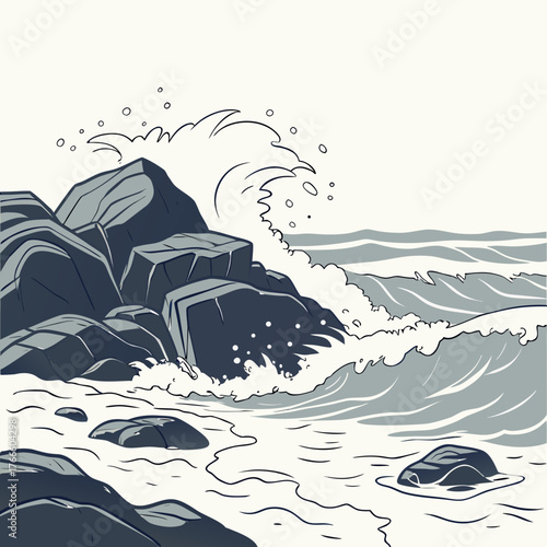 Dramatic ocean wave crashing against dark rocks on a sandy beach shoreline