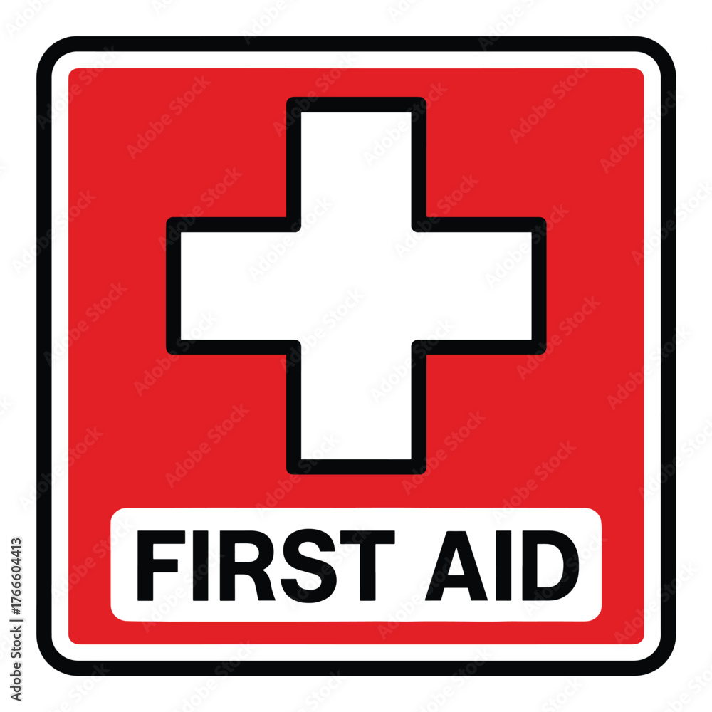 Obraz premium Red square first aid symbol with white cross and text for emergency medical assistance