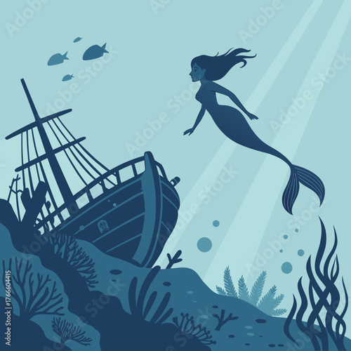 Mysterious mermaid swims near sunken shipwreck in deep blue ocean