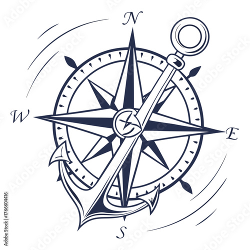 Nautical anchor and compass rose illustration with swirling wind lines