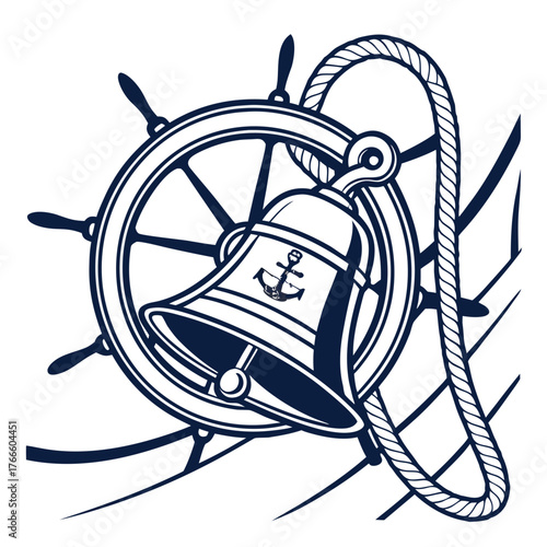 Nautical bell and ship wheel with rope and anchor illustration