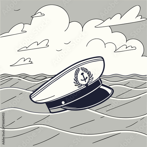 Nautical captains hat floating on wavy ocean under cloudy sky