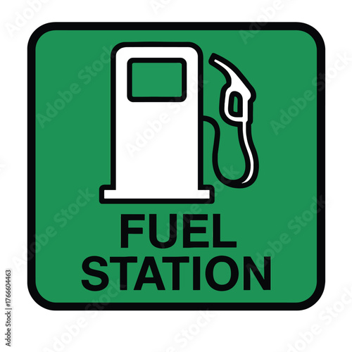 Green fuel station sign with gas pump icon and text for refueling automotive transportation