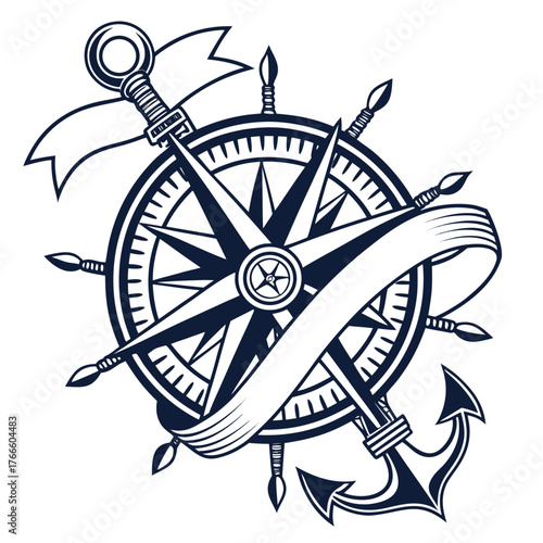 Nautical emblem featuring a compass rose ship s wheel anchor and ribbon