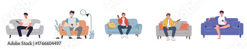 Modern Man Sitting on Sofa Holding Remote Control - Flat Design Vector Illustration