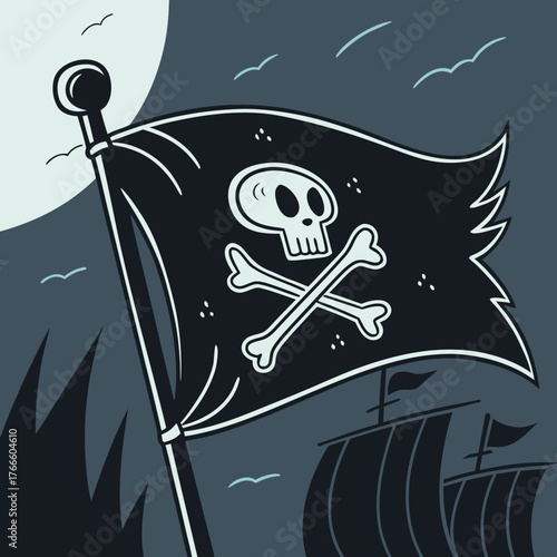 Pirate flag with skull and crossbones flies over a sailing ship at night